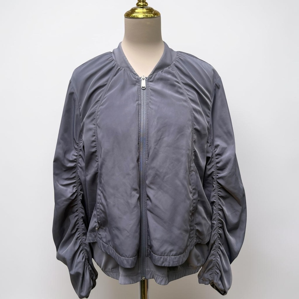 Athleta Wayfarer Bomber Jacket L Grey Ruched Sleeve Full Zip Blokecore Gorpcore